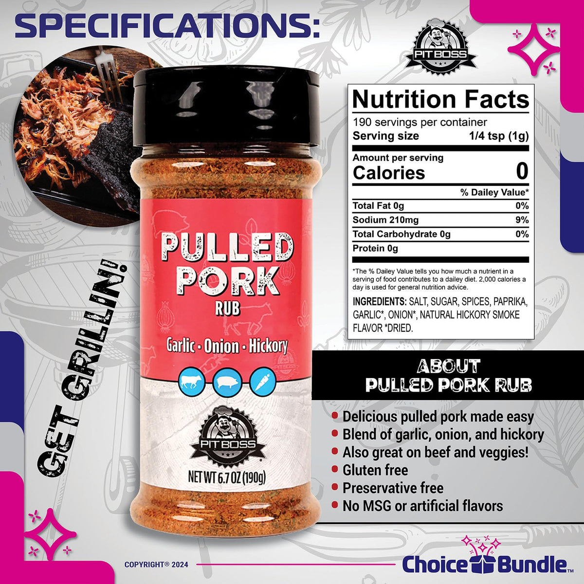 Pit Boss Pulled Pork Premium BBQ Barbecue Mixed Seasoning Spice & Rub Rub 4 pk Choice Bundle (26.8 oz) + Guide & Keychain Bottle Opener (6 Items)!