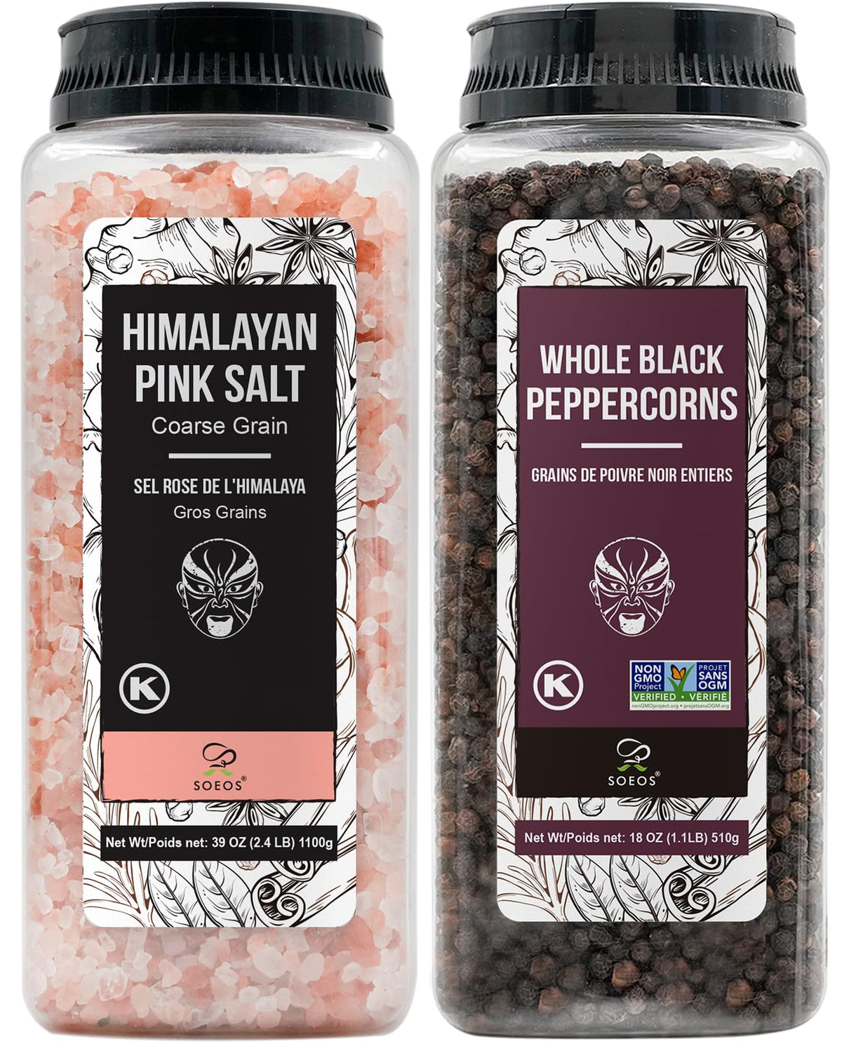 Soeos Himalayan Pink Salt 39 oz + Whole Black Peppercorns 18 oz, Coarse Grain, Kosher Salt for Grinder Refill, Salt and Pepper Grinder, Non-GMO