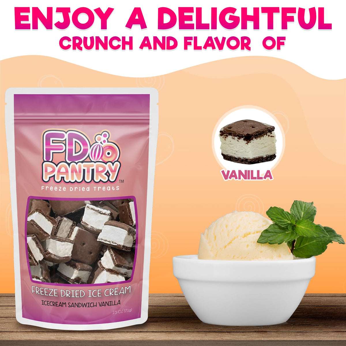 Freeze Dried Ice Cream Sandwich Bites - Vanilla - Crunchy & Sweet Snack 2.5oz Freeze-Dried Space Ice-Cream Pack Dehydrated Resealable Gift Bag - 6