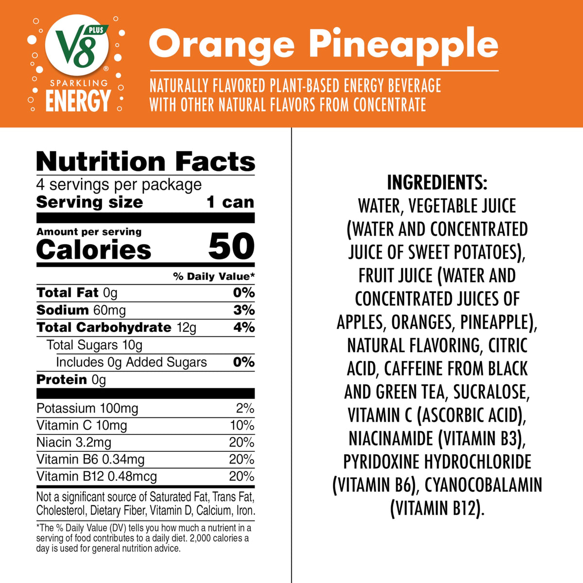 V8 Energy Sparkling Orange Pineapple Energy Drink, 4 Count 11.5 Fl Oz (Case of 6)