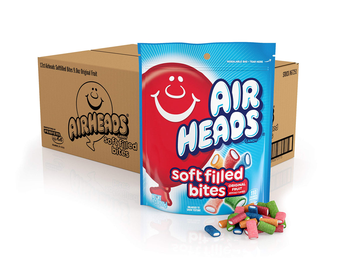 Airheads Candy, Soft Filled Bites, Assorted Fruit Flavors, Stand Up Bag, Party, Pantry, 9oz Bag, Box of 12 Bags