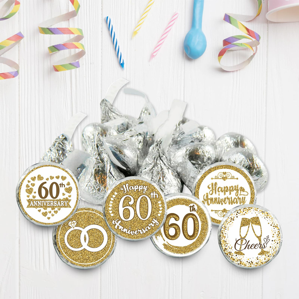 Gold 60th Anniversary Chocolate Kiss Stickers,180 Count, 0.75" Chocolate Drop Labels for Kisses,60th Wedding Anniversary Party Favors Labels