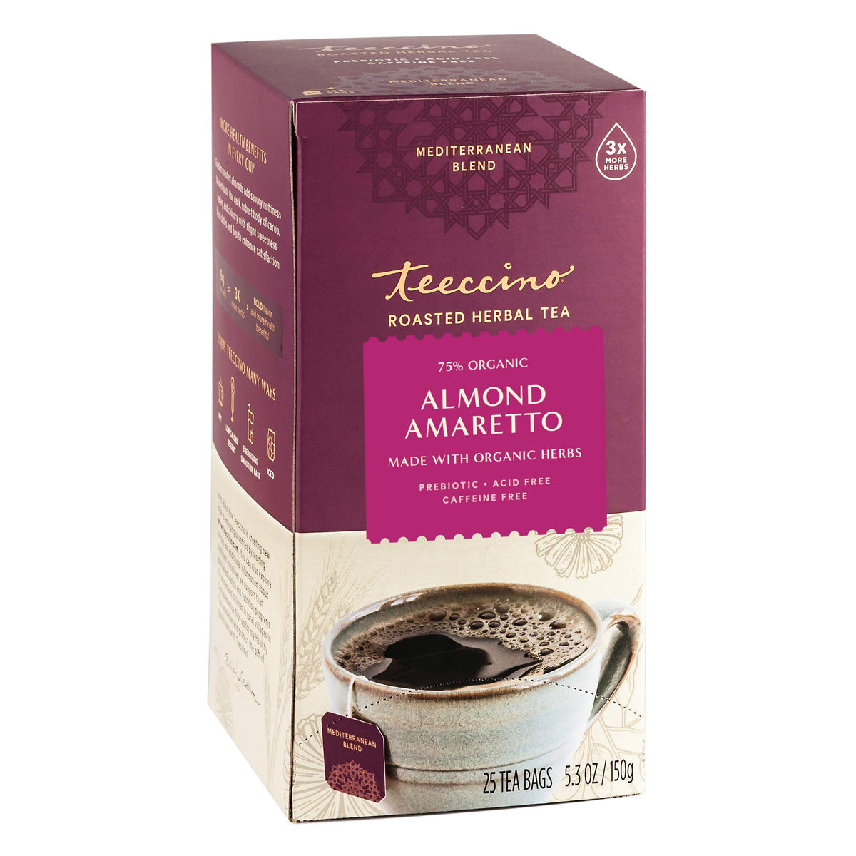 Teeccino Herbal Tea - Almond Amaretto - Rich & Roasted Herbal Tea That's Caffeine Free & Prebiotic for Natural Energy, 25 Tea Bags