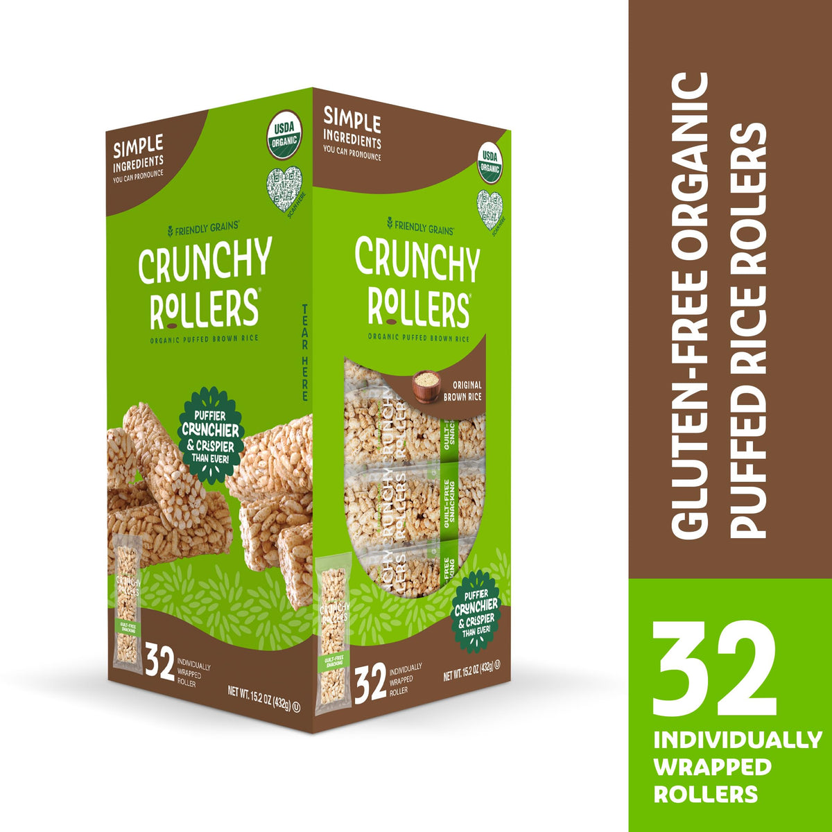 Original Brown Rice Crunchy Rollers - Organic Rice Healthy Snack Crispy Puffed Rolls for Adults and Kids - Friendly Grains (32 Count)