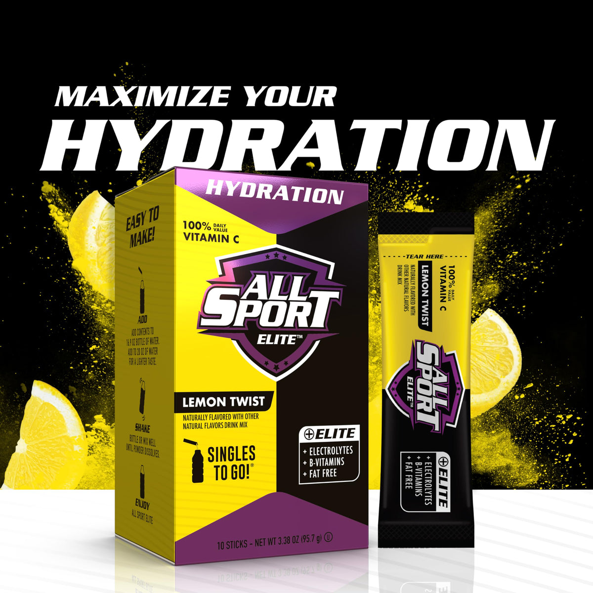 All Sport ELITE - Electrolyte Hydration Performance - Lemon Twist - Singles To Go Powder Packets (10 Sticks)
