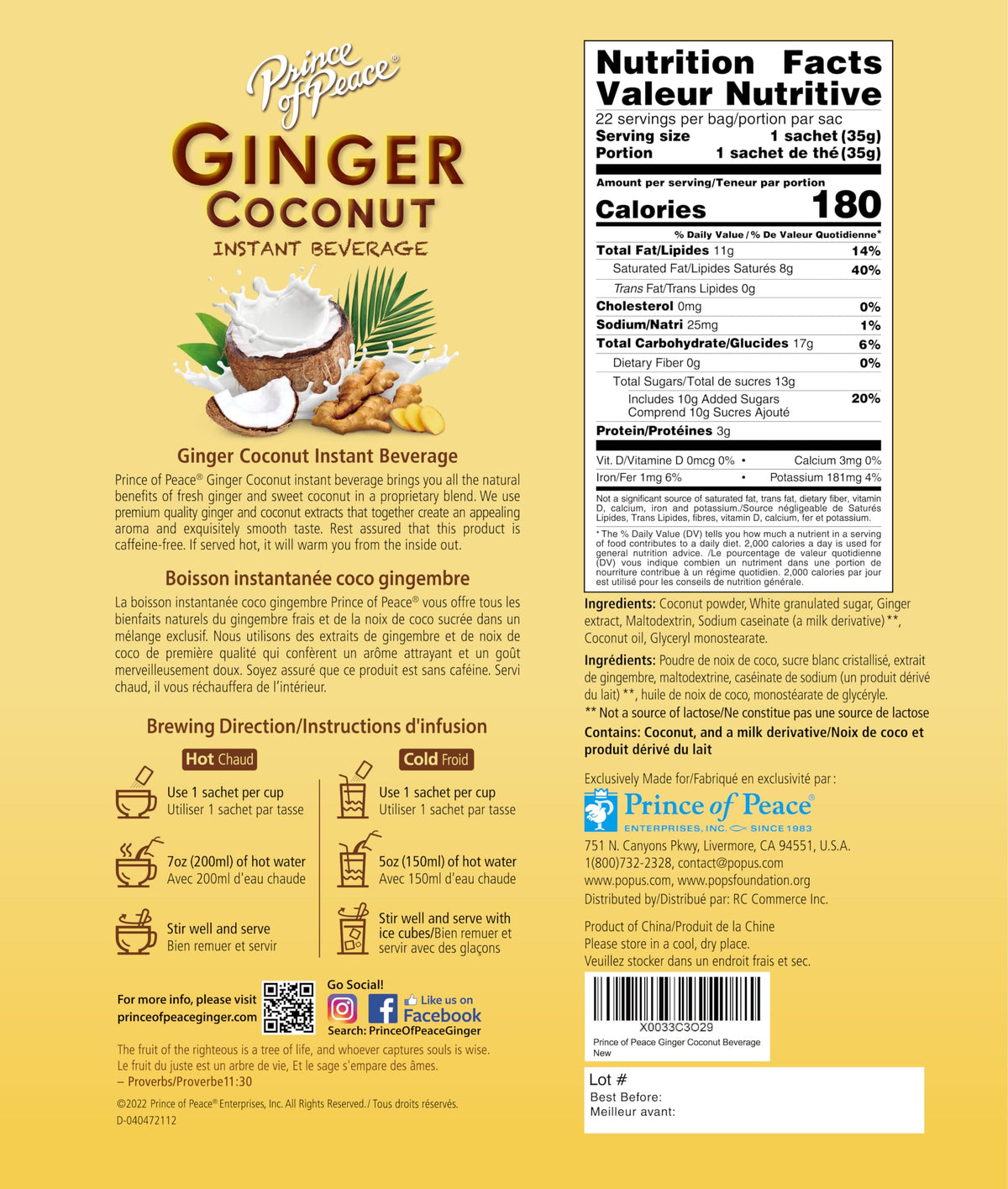 Prince of Peace Ginger Coconut Instant Beverage, 22 Sachets - Instant Hot or Cold Beverage that Soothes Throat - Easy to Brew - Caffeine and Gluten