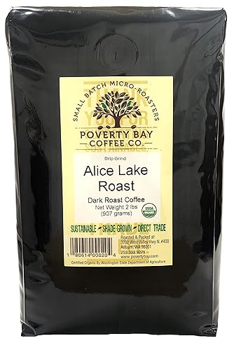 Alice Lake Organic Dark Roast Ground Coffee Beans - Freshly Roasted by Poverty Bay Coffee Company, 2lb Bag