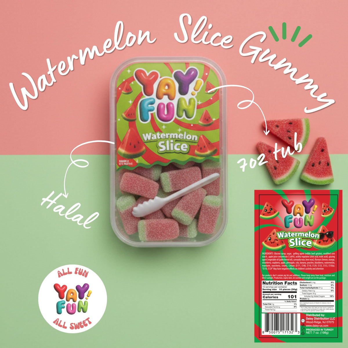 Halal Sour Gummy Watermelon Slices | 6 Pack Bundle (6x7 oz Tubs) | Chewy Sugar-Coated Watermelon Slice Gummy Candy | Resealable Tubs in Bulk