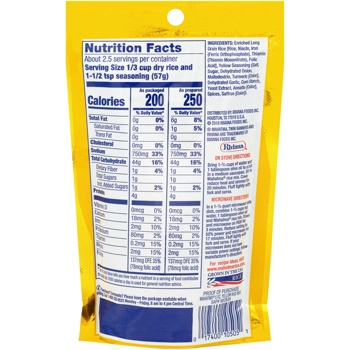 Mahatma Yellow Seasonings & Long Grain Rice, Gluten-Free, Non-GMO, Vegan, 5 oz Bag