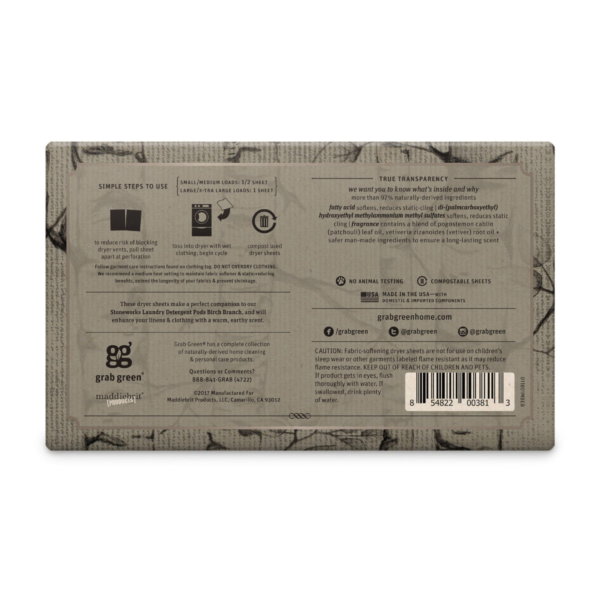 Grab Green, Stoneworks, Dryer Sheets, 80 Compostable Sheets (Birch Branch)