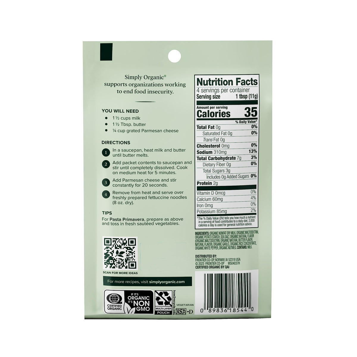 Simply Organic Alfredo Sauce Mix, Certified Organic, Gluten-Free | 1.48 oz | Pack of 4