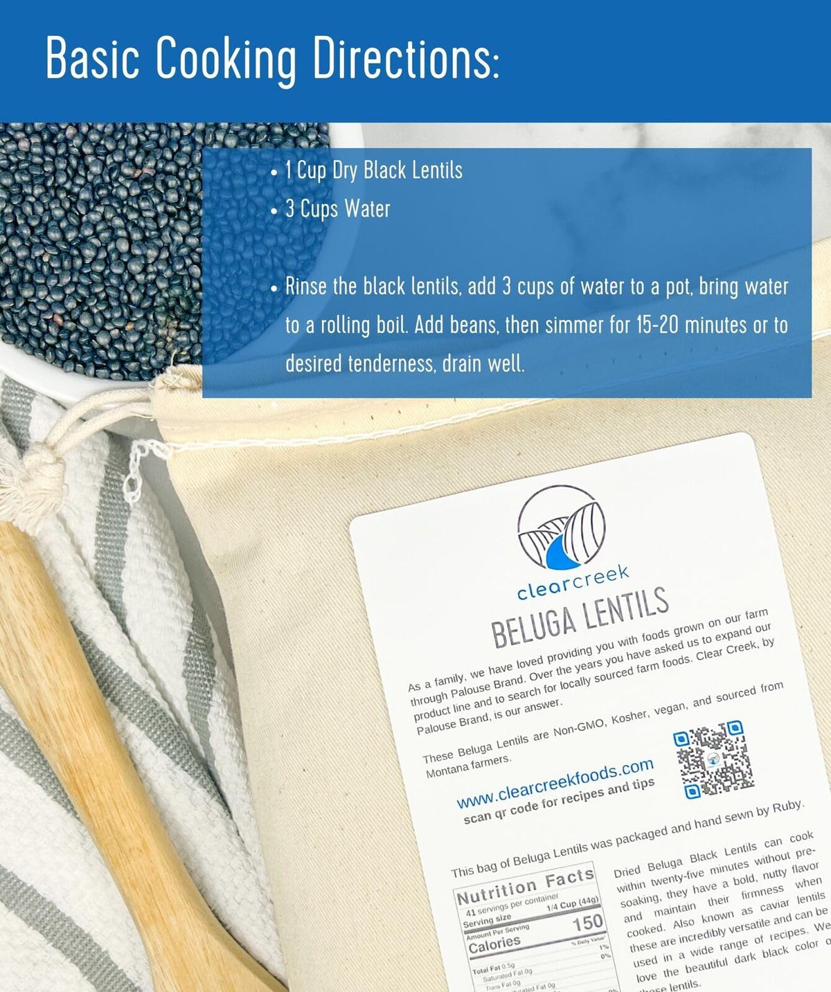 CLEAR CREEK Black Lentils | Caviar or Beluga Lentils | 25 lb Bucket | Non-GMO | Kosher | Vegan | Non-Irradiated