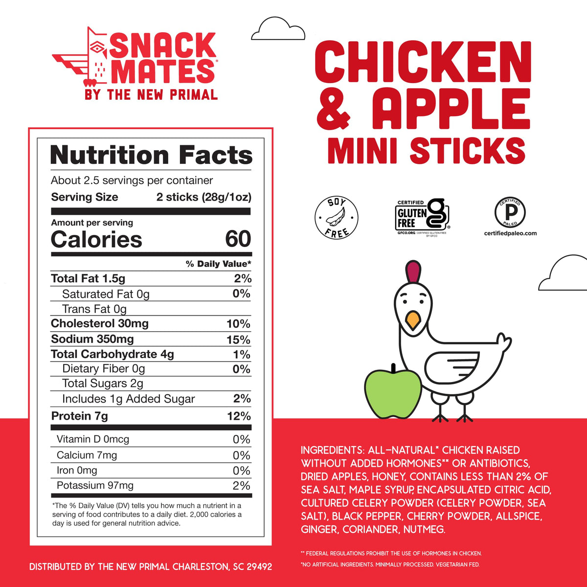 New Primal Snack Mates Chicken & Apple Sticks, Gluten Free Healthy Snacks for Kids, Low Sugar High Protein Back to School Snacks, Mini Paleo Jerky
