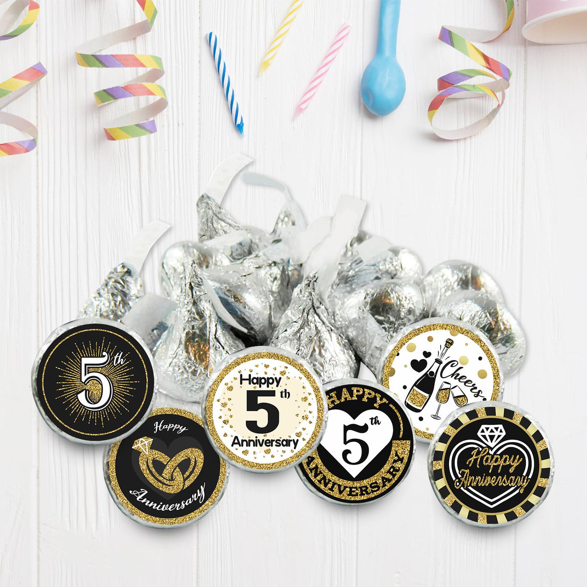 Black Gold Black and Gold 5th Anniversary Kisses Stickers, 180 Count 0.75" Round Candy Labels, Chocolate Favor Stickers for 5th Wedding Anniversary
