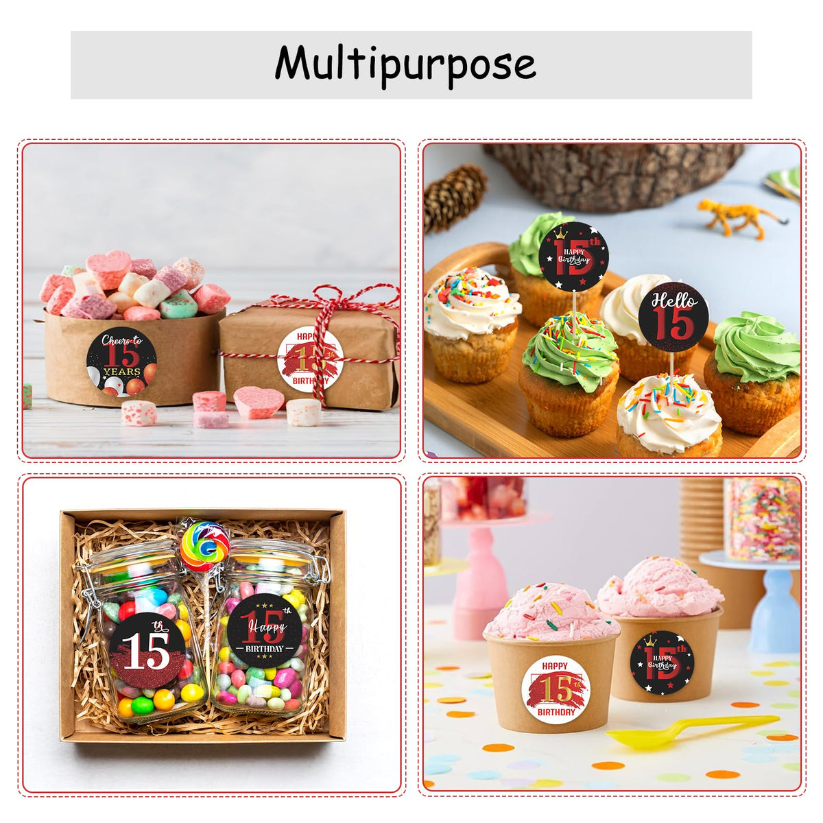 Happy 15th Birthday Party Favor Labels Chocolate Candy Stickers - Fifteen Years Old Birthday Round Candy Sticker Party Favors - Black and Red - 150