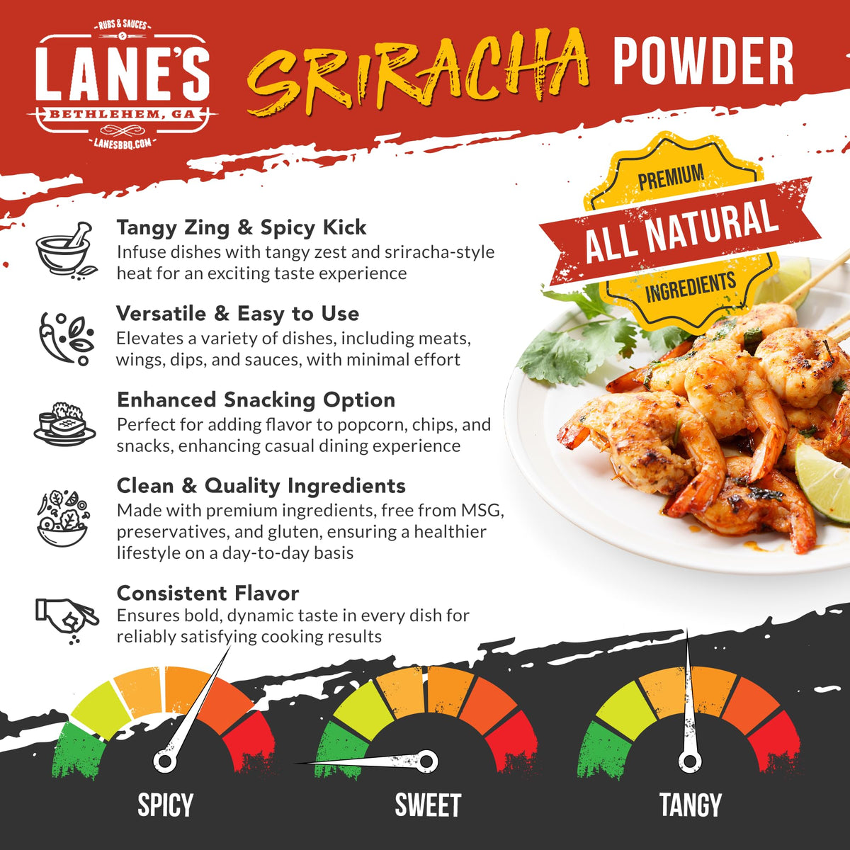 Lane's Sriracha Seasoning Powder, All-Natural Sriracha Powder Seasonings and Spices for Cooking, Goes Well with Meat & Vegetables, Made in USA, 7.7 Oz