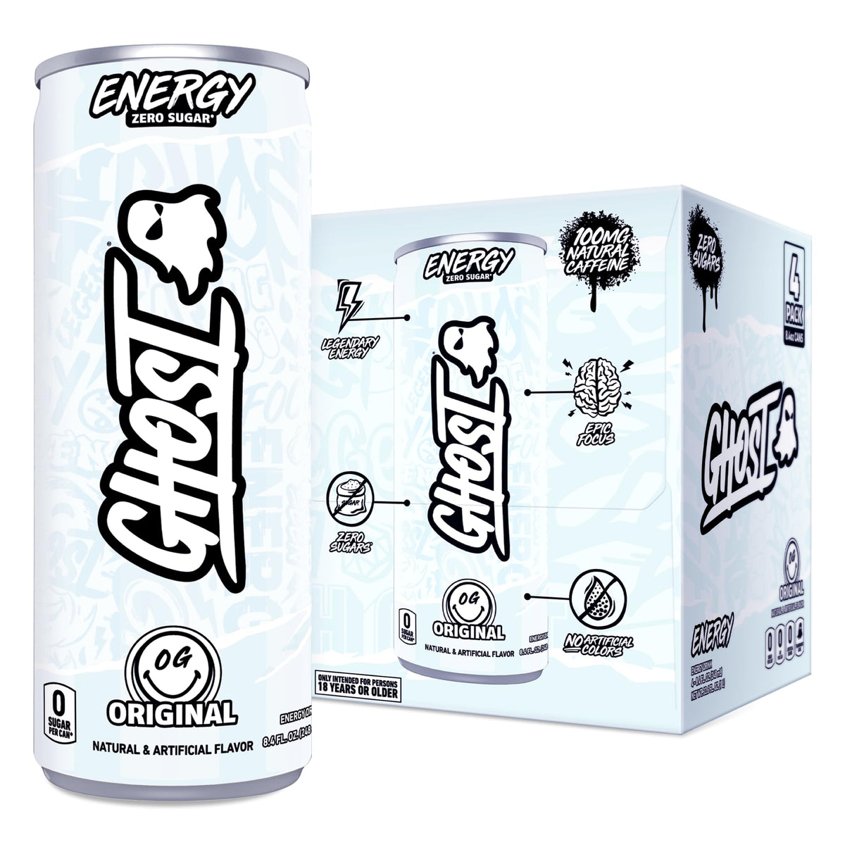 GHOST Energy Drink, Zero Sugars, 4-Pack, Original - 100MG Caffeine, 8.4oz
