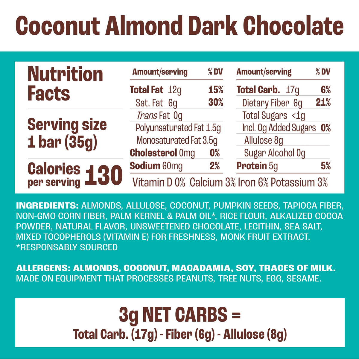 Munk Pack Fiber Nut Bars, Coconut Almond Dark Chocolate, Prebiotic Probiotic GLP-1 Snack, 5g Fiber, Gut Friendly Allulose, Plant Protein, Gluten Free