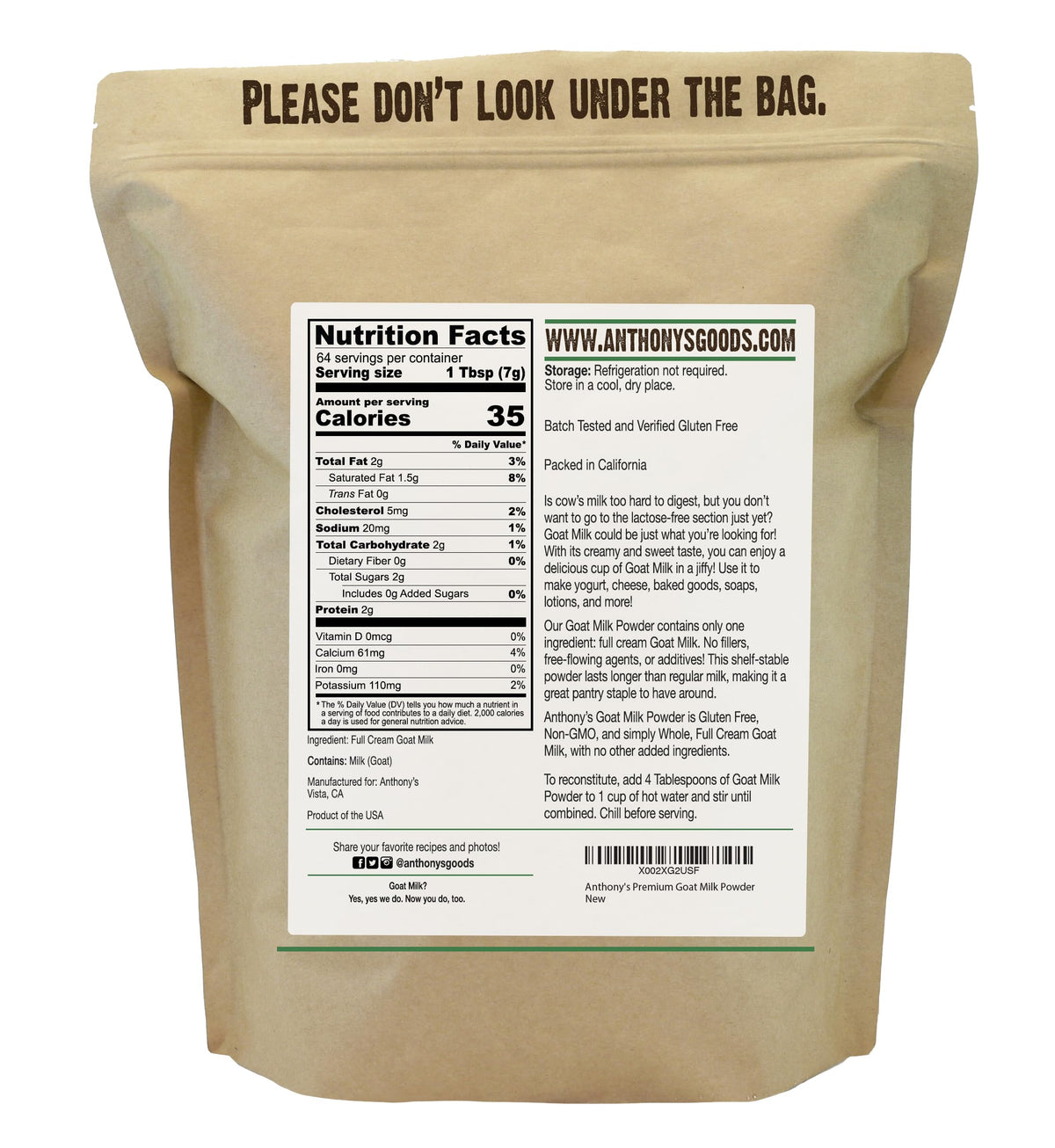 Anthony's Premium Goat Milk Powder, 1 lb, Gluten Free, Non GMO, No Additives