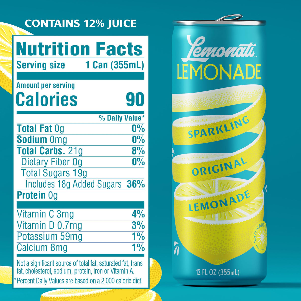 Lemonati Sparkling Lemonade, No Artificial Sweeteners or Flavoring, Gluten-Free, Kosher, Non-GMO, Vegan, 12 Fl Oz Slim Cans, Pack of 24, Lemonade