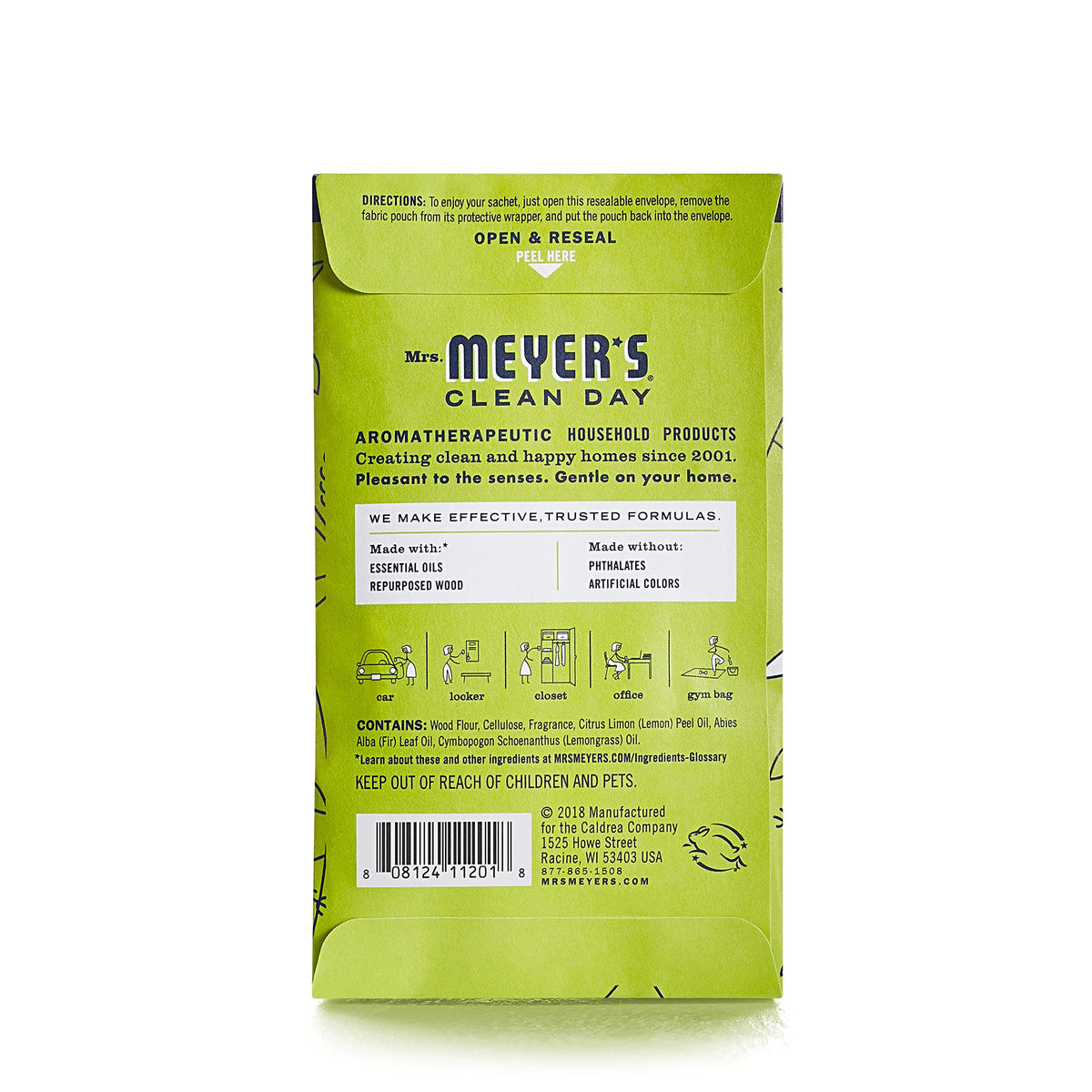 MRS. MEYER'S CLEAN DAY Air Freshener Sachets, Fragrance for your Locker, Car, Closet, and Gym Bag, Lemon Verbena, Pack of 3
