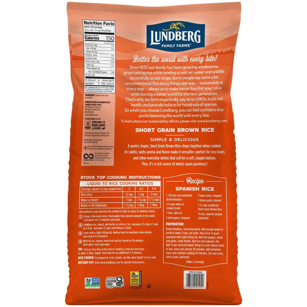 Lundberg Organic Short Grain Brown Rice, Bulk Bag, Sticky Rice, 12 Lb