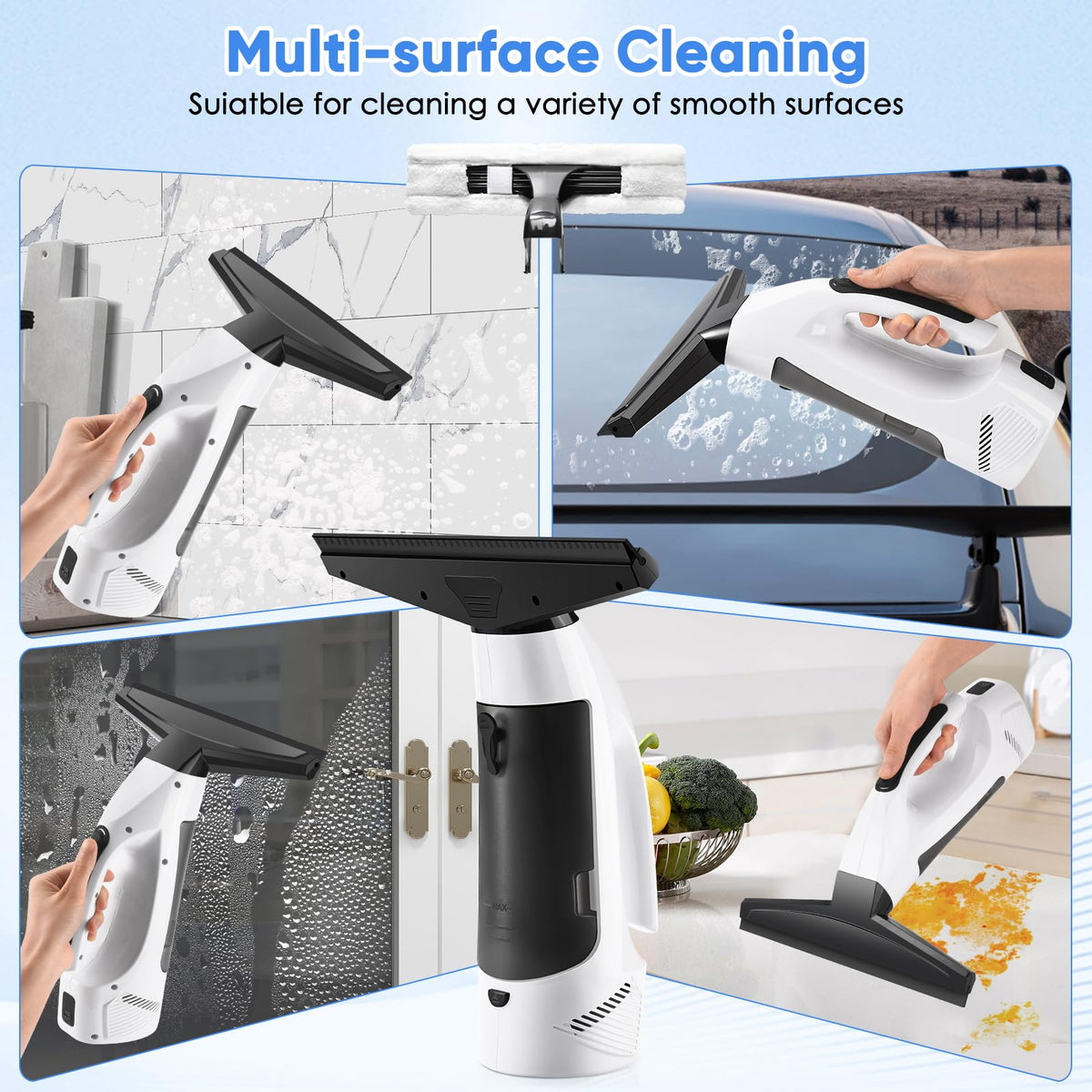 Window Vacuum Squeegee Cordless, Handheld Window Vac with Multi-Purpose Spray Bottle & Microfiber Cloth, Electric Cleaning Tool for Windows, Mirror