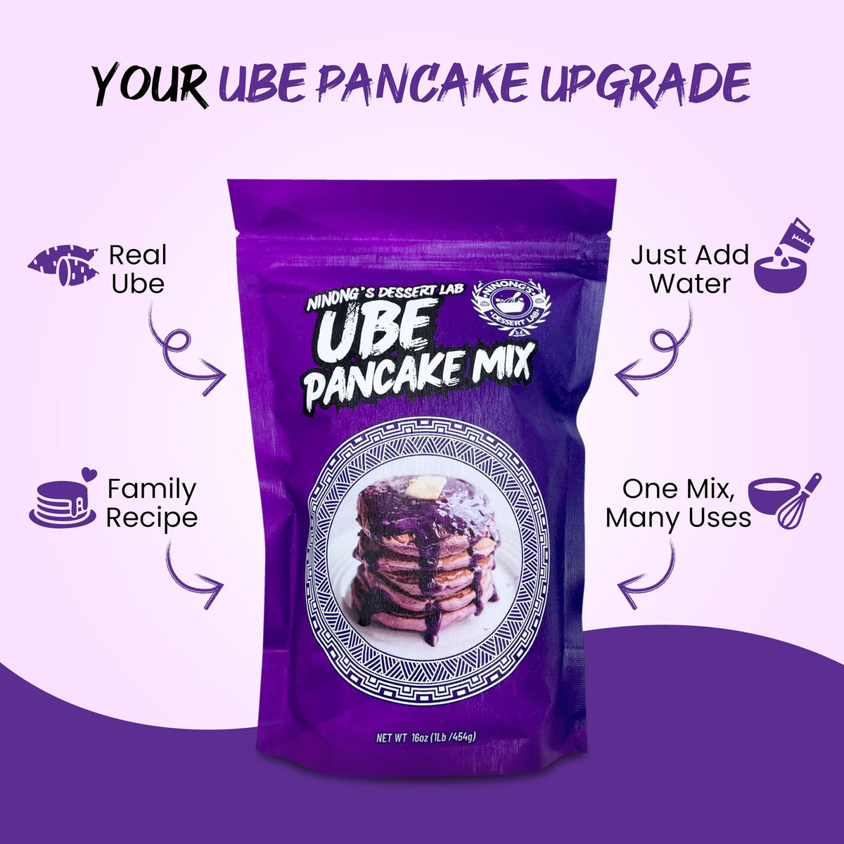 Ninong's Dessert Lab Ube Pancake Mix, Ube Flavored Buttermilk Pancake Mix with Real Ube, Makes Ube Cakes, Waffles, Crepes and more, Just Add Water (1 Pound)
