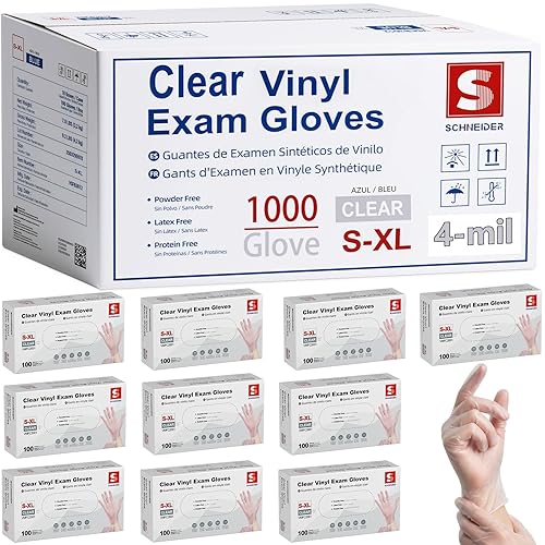 Schneider Clear Vinyl Exam Gloves, 4-mil, XL 1000-ct Case, Latex-Free, Disposable Gloves, Medical Gloves, Cleaning Gloves, Food Prep Gloves, Food Safe