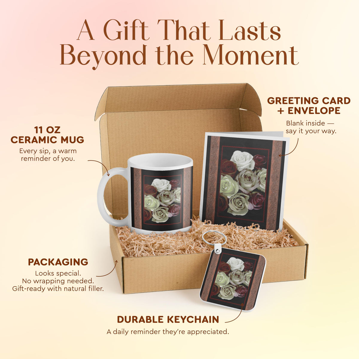 3dRose Rose Gift Set for Her - Mug, Card, Keychain & Chocolate Burgundy Cream Roses - Perfect for Mother's Day, Anniversaries or Birthdays