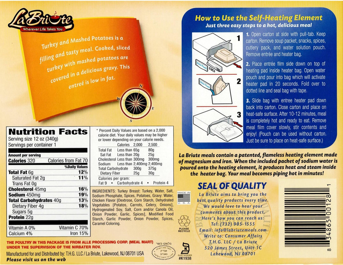 LaBriute Meals Turkey with Mashed Potatoes - Self Heating Ready to Eat Entrée w/Snack |22g Protein, Low-Calorie Pre-Packaged Lunch or Dinner | Shelf