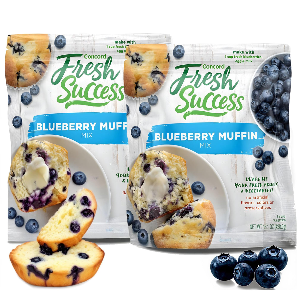 Concord Foods Blueberry Muffin Mix | Easy Bake Bread Mix for Fresh, Delicious Muffins at Home | Made with Natural Flavors & No Preservatives | Ideal for Breakfast, Brunch & Snacks | 15 Oz (Pack of 2)