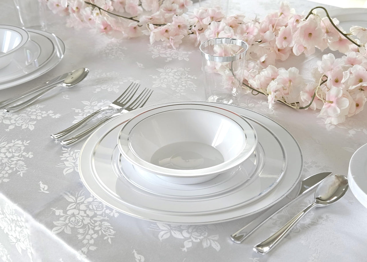 OCCASIONS 120 Bowls Pack, Heavyweight Disposable Wedding Party Plastic Bowls (14oz Soup Bowl, White & Silver Rim)
