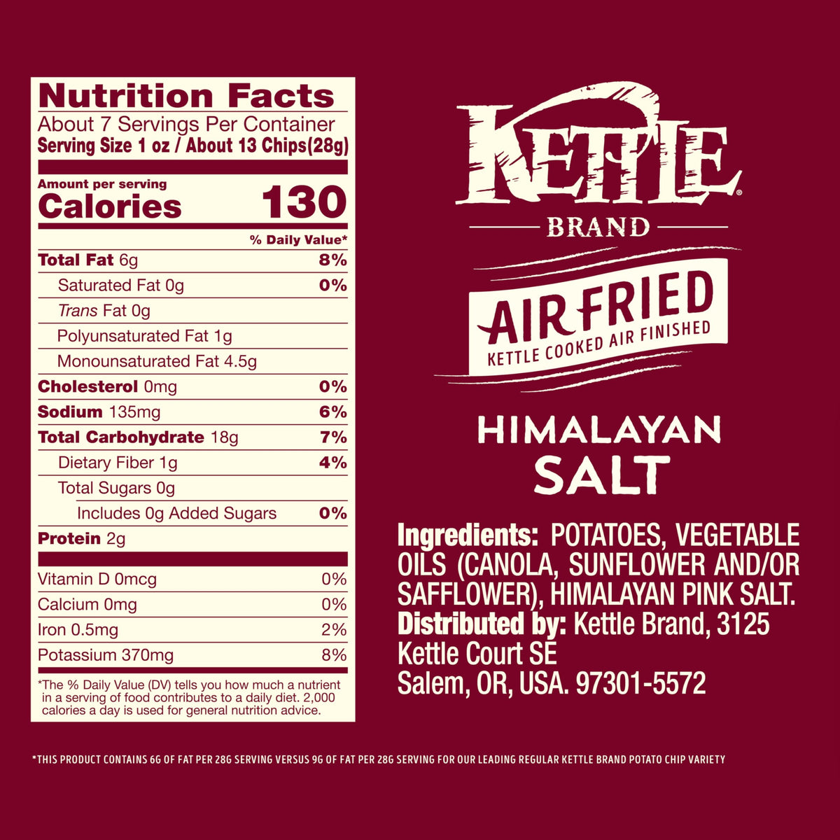 Kettle Brand Potato Chips, Air Fried Himalayan Salt Kettle Chips, 6.5 Oz Bag