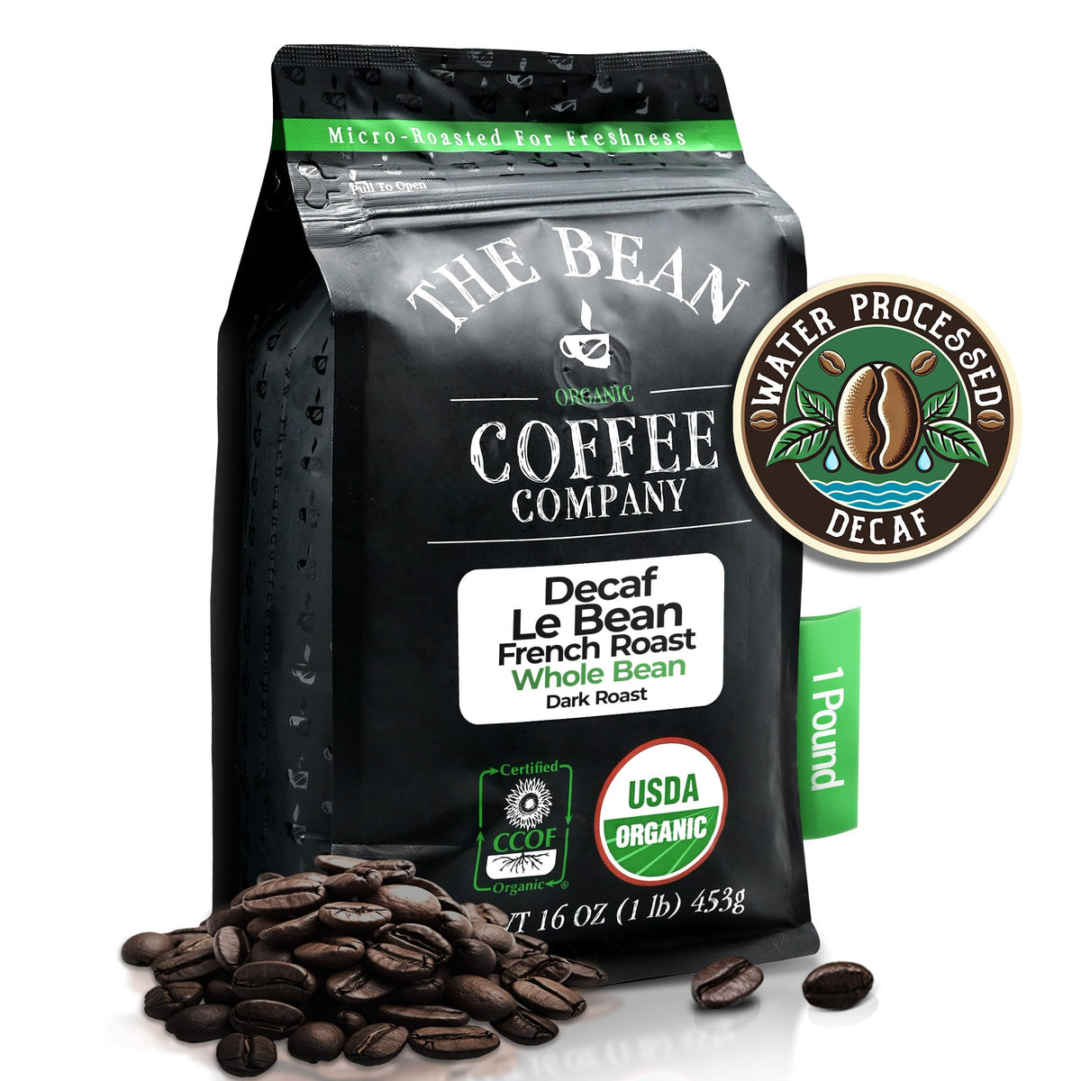 The Bean Organic Coffee Company Water Processed DECAF Le Bean, Dark French Roast, Whole Bean Coffee, 16-Ounce Bag