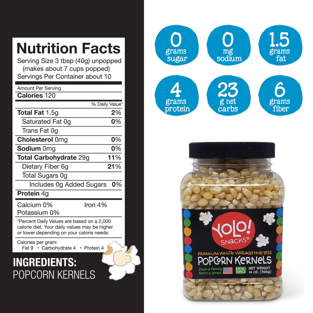 YOLO! Snacks - Gourmet White Virtually Hulless Popcorn Kernels - Small Kernels - Non-GMO - 14oz (3 Pack)
