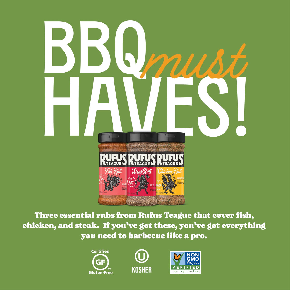 Rufus Teague Dry Rub Must-Haves Variety Pack, 3-Pack Steak Rub, Chick N’ Rub & Fish Rub, Premium Barbecue Seasoning for Grilling & Smoking