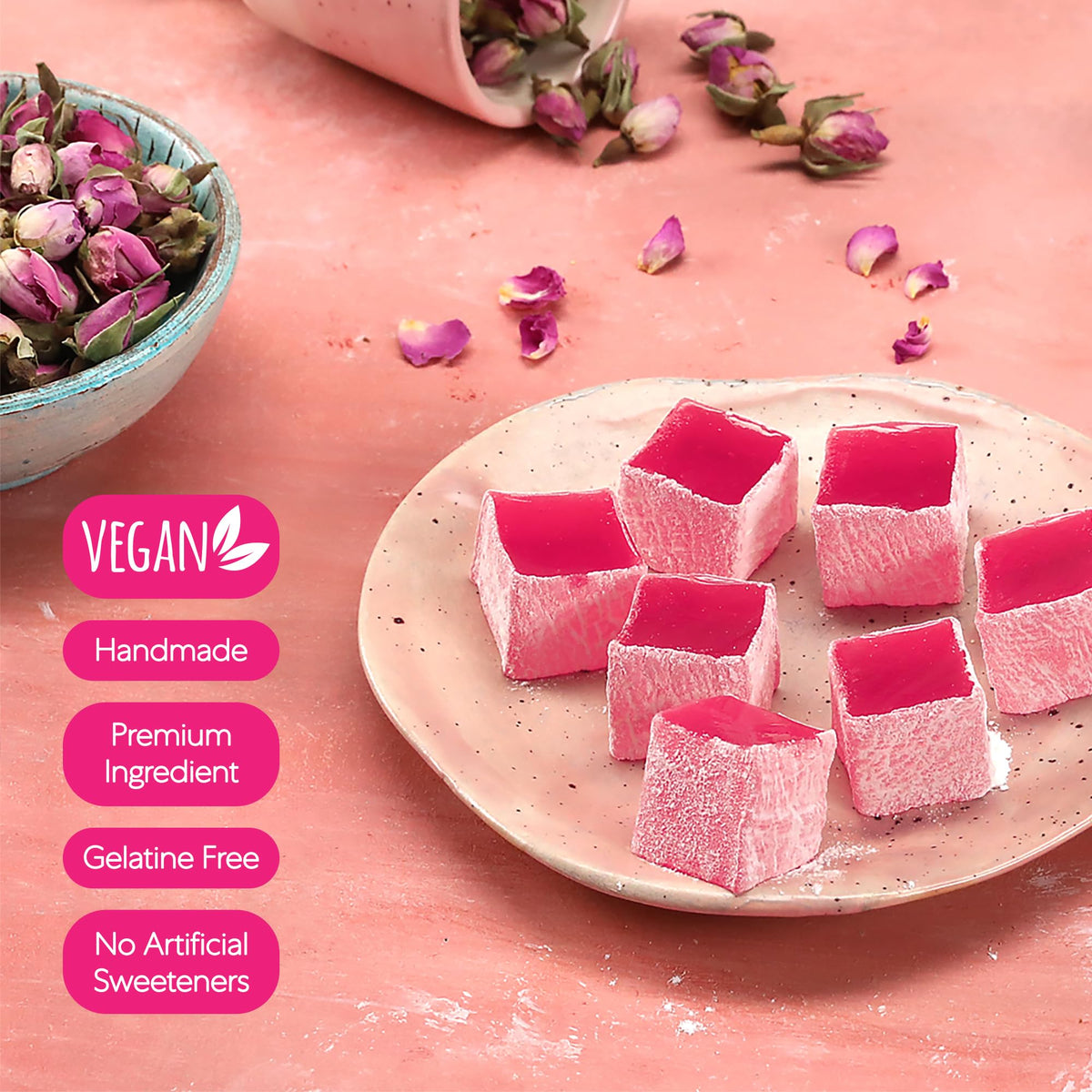 HazerBaba Turkish Delight Rose Candy, 4.4oz (Pack of 1), Vegan Snack Box
