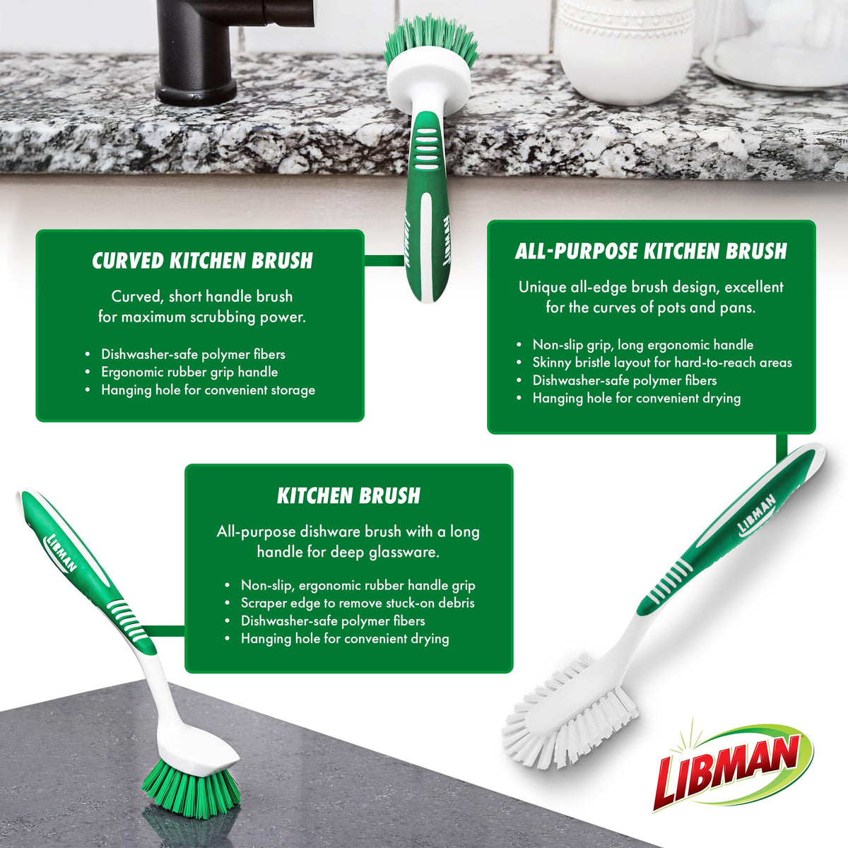 Libman Green & White Cleaning Brush Kit, 3-Piece Set, All-Purpose Brushes for Kitchen, Basins, Sinks, Dishwashers