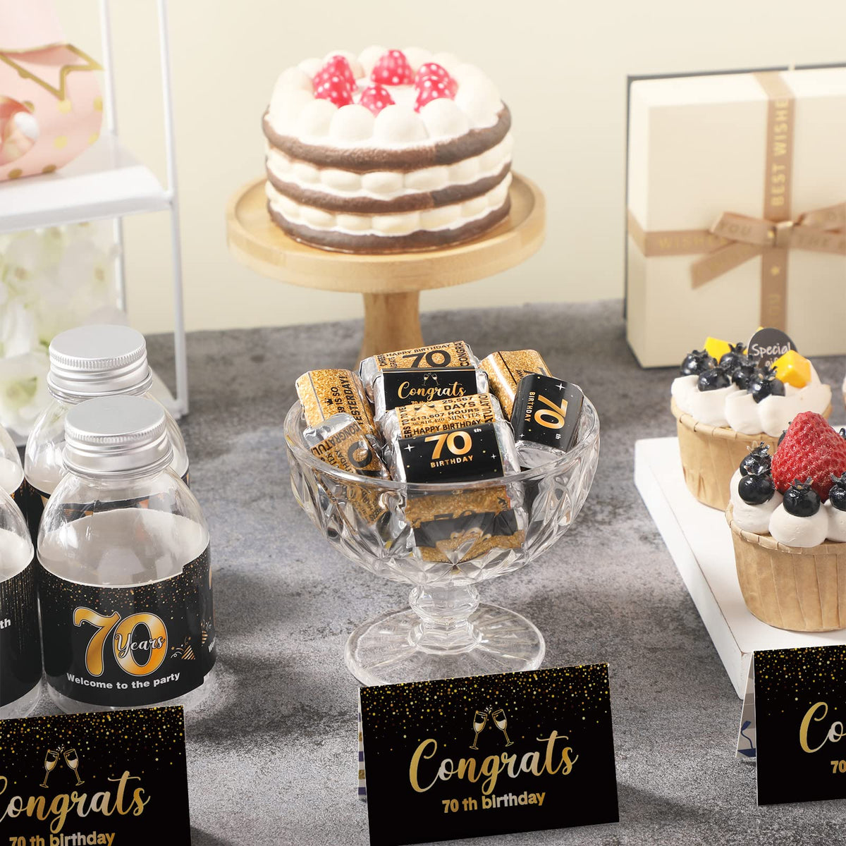 Tenare 180 Pcs 70th Birthday Stickers Black and Gold Cheers to 70 Years Candy Bar Wrappers Happy 70th Birthday Party Favor Labels for Adults