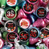 Happy 35th Birthday Party Favor Labels Chocolate Kisses Candy Stickers - Thirty Five Years Old Birthday Round Candy Sticker Party Favors - Black
