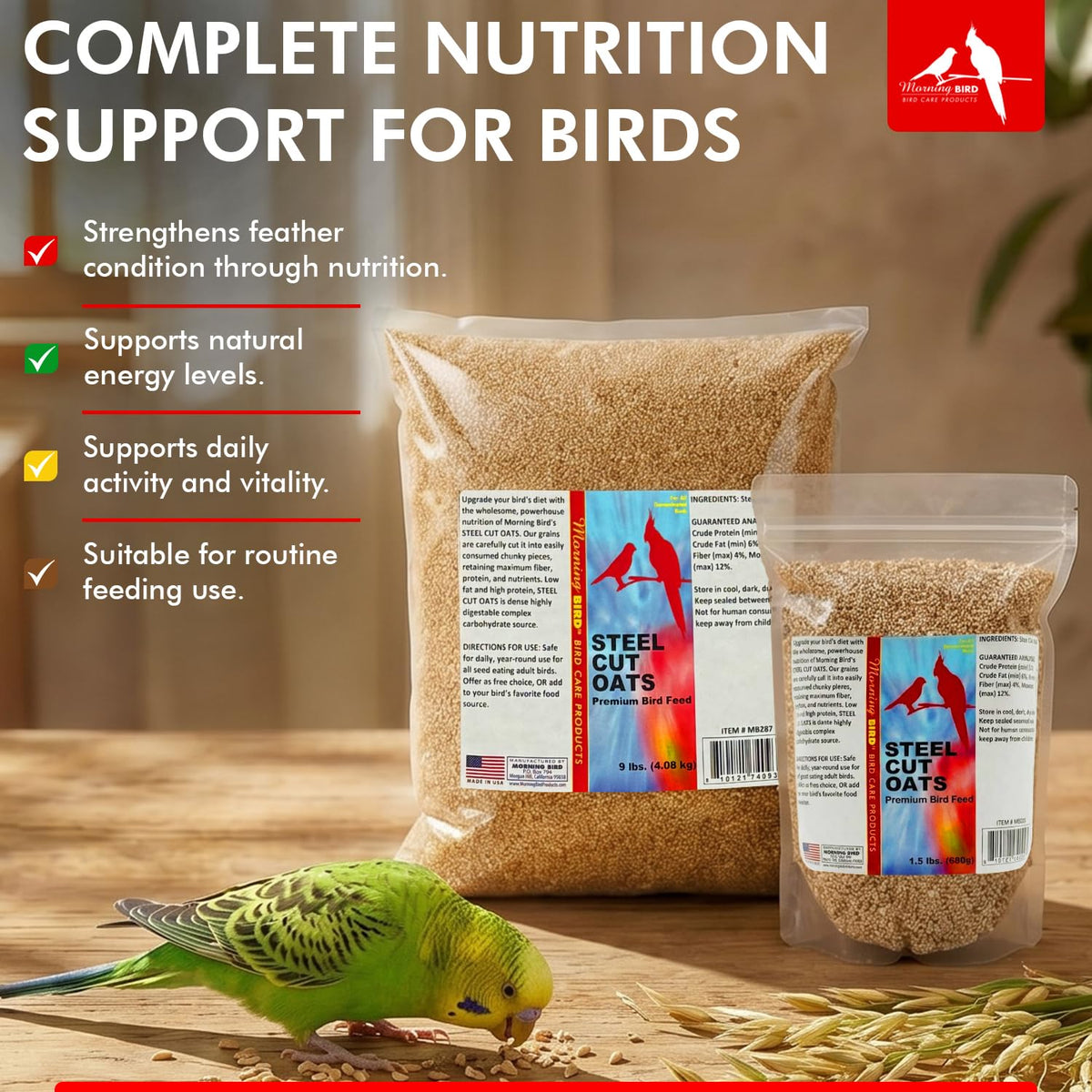 Morning Bird Steel Cut Oats 18 lbs (2-Pack, 9 lbs Each - High Protein Natural Cut Oat Grain for Birds & Easy-to-Eat Pieces - Supports Balanced