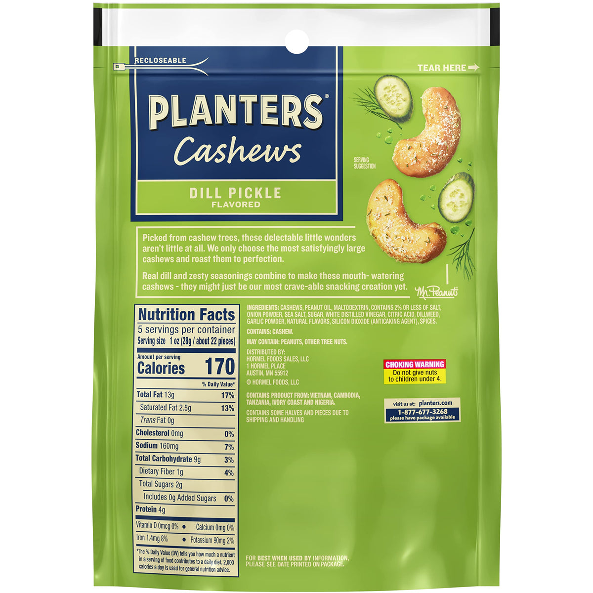 PLANTERS Cashews Dill Pickle - Trail Mix Snack Packs - Snacks with Dill Pickle, Snack Pack, Party Trail Mix, 5 Oz Bag, Pack of 1