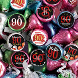 Happy 90th Birthday Party Favor Labels Chocolate Candy Stickers - Ninety Years Old Birthday Round Candy Sticker Party Favors - Black and Red - 150