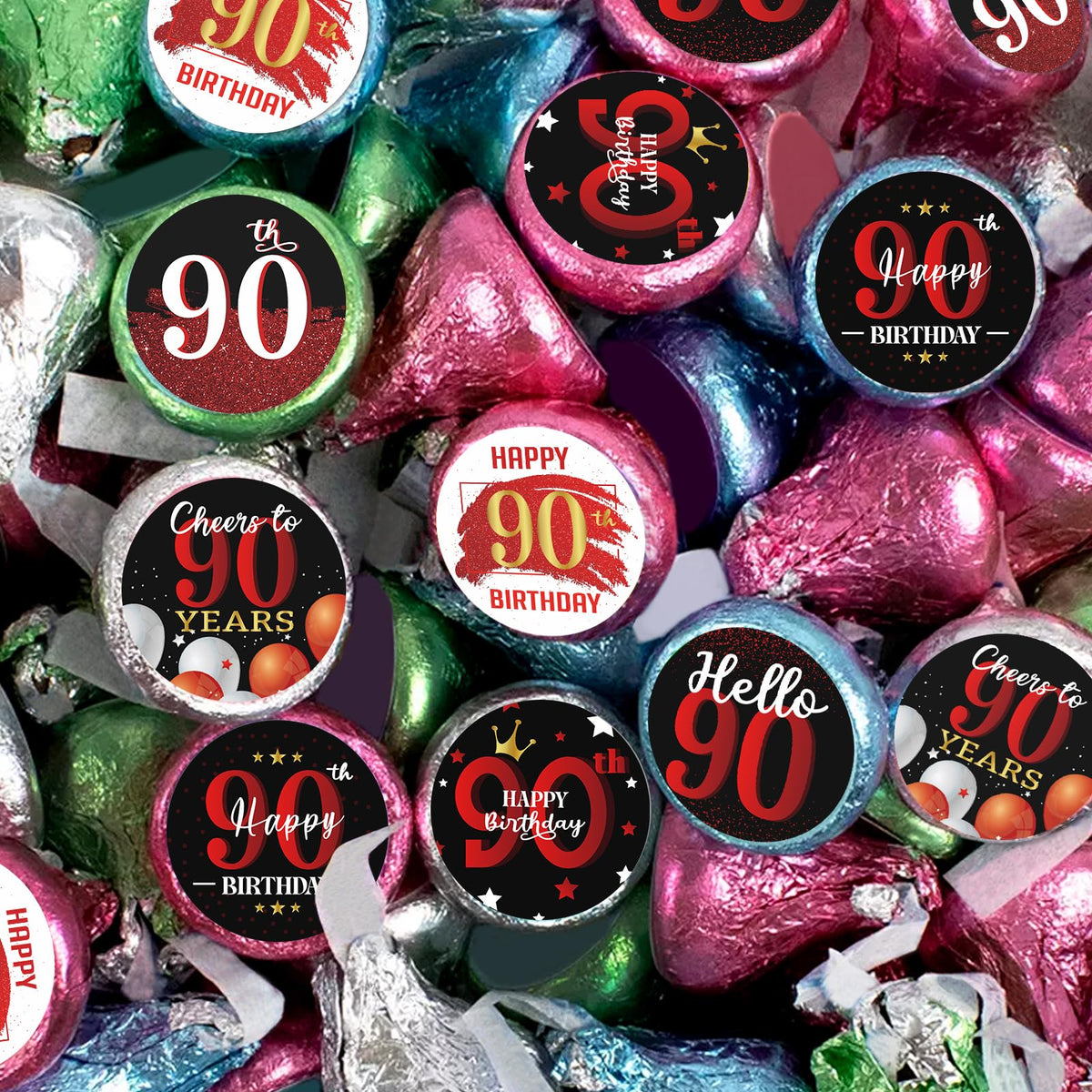 Happy 90th Birthday Party Favor Labels Chocolate Candy Stickers - Ninety Years Old Birthday Round Candy Sticker Party Favors - Black and Red - 150