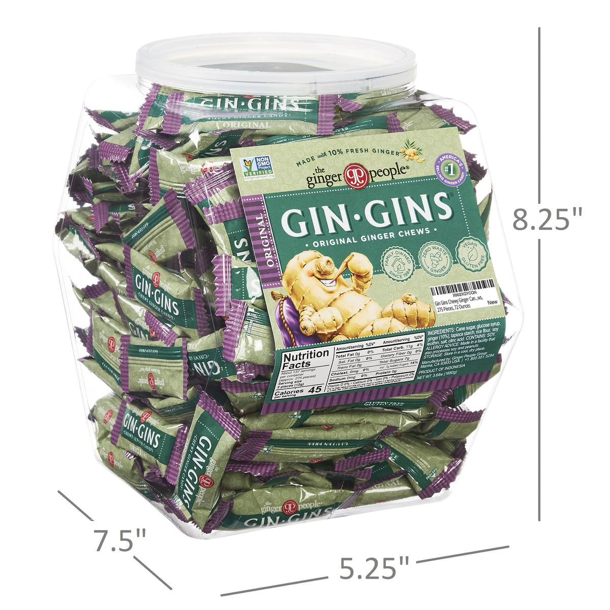 Gin Gins Chewy Ginger Candy Bulk Pack | Individually Wrapped Candies in Reusable Plastic Tub | Gluten Free and Vegan Ginger Chews, 275 Pieces