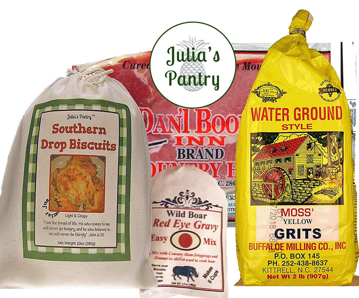 Premium Country Ham Center Slices 12oz, Buttermilk Biscuit Mix, Waterground Grits 2 lbs and Red Eye Gravy Mix (Yellow Grits)