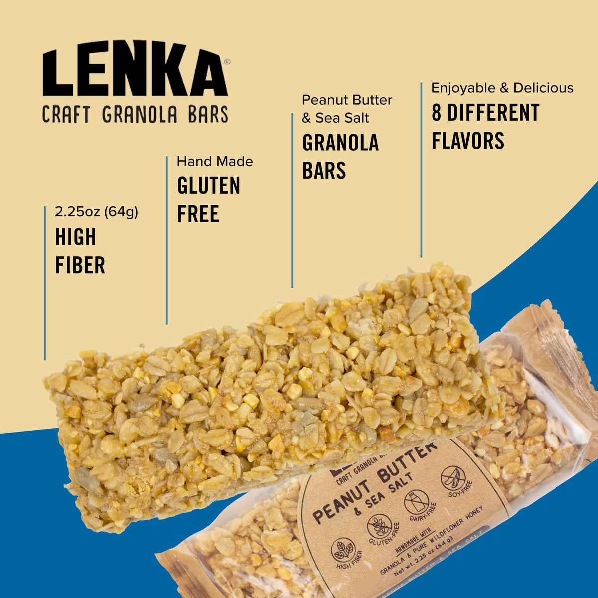 Lenka Bars - Peanut Butter & Sea Salt Snack Bars, Gluten Free, High Fiber, Kosher, Wholesome, No Artificial Flavors, Individually Wrapped - 12 Pack