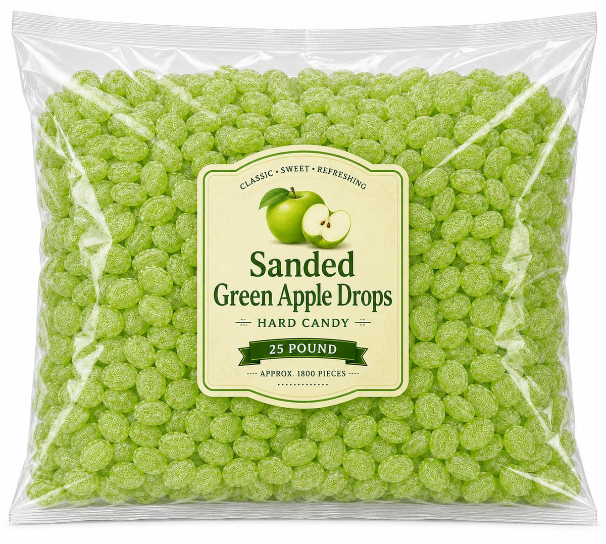 Sanded Green Apple Hard Candy, Tart Fruit Flavor - 25 lb (Approx. 2,250 pieces)