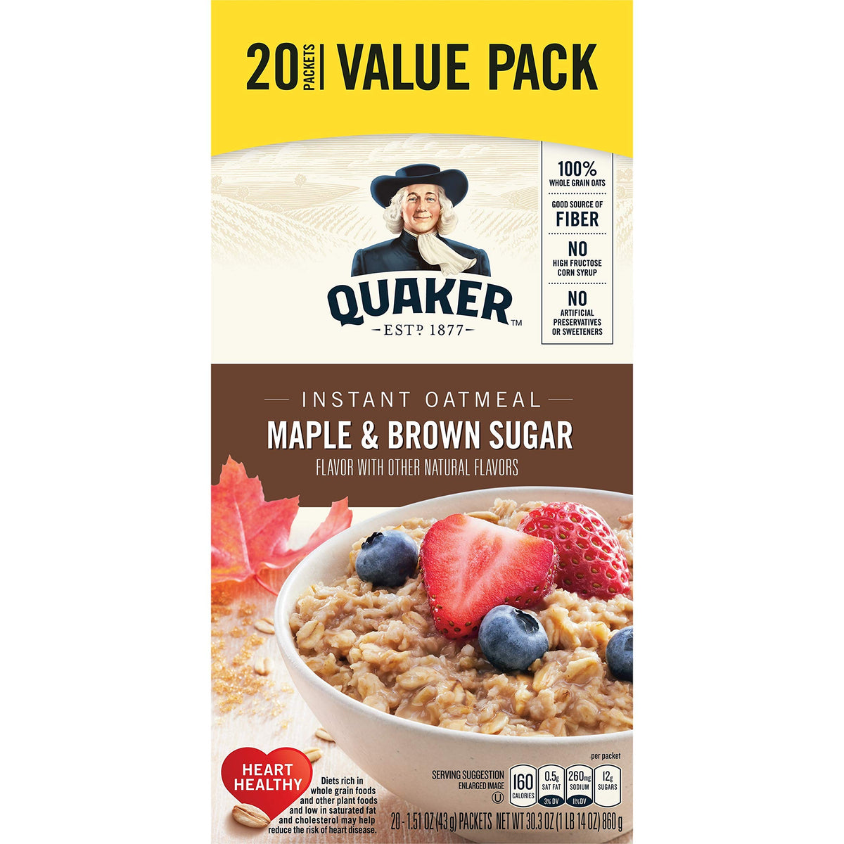Quaker Maple & Brown Sugar Instant Oatmeal, 20 Count, 1.51 oz Packets